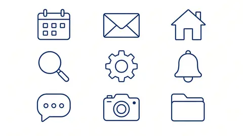 Nueve iconos de contorno azul oscuro en cuadrícula: calendario, sobre, casa, lupa, engranaje, campana, bocadillo, cámara, carpeta.