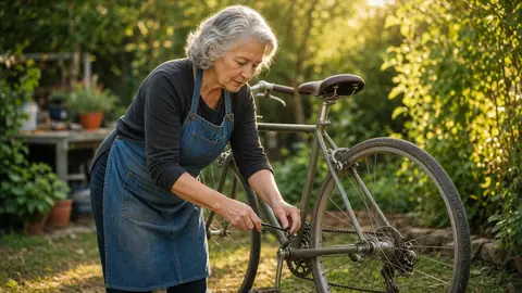 An older woman repairs a bicycle in a courtyard full of plants, soft evening light.