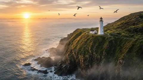 Fotograma: faro blanco sobre un acantilado al amanecer, vista aérea con gaviotas.