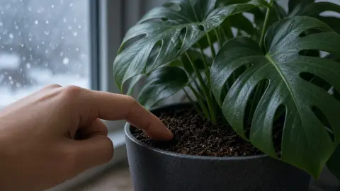 Standbild: Hand prüft die Erde einer Monstera am verschneiten Winterfenster.